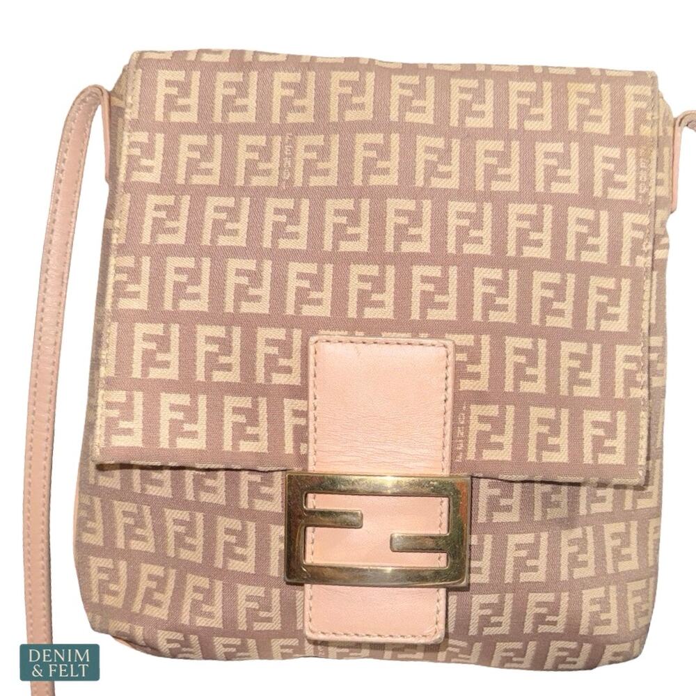Fendi Zucchino Pink Canvas Crossbody Bag Beige FF Logo Leather Trim Purse - Picture 3 of 16